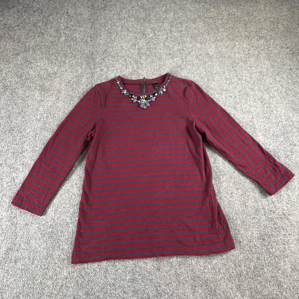 J.Crew Embellished Top Women's M Red Blue Striped Jeweled Neck Preppy Holiday